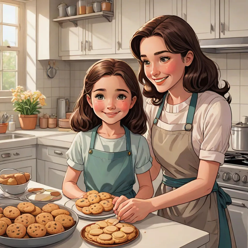 a woman and a girl are making cookies together in the kitchen together, with a bowl of cookies in the foreground, Dorothy Coke, american scene painting, a storybook illustration, kinkade