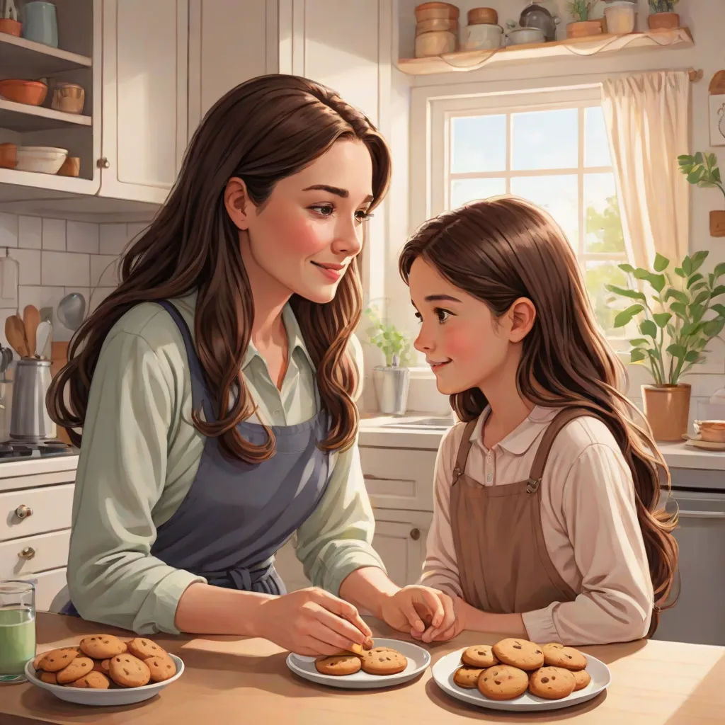 a woman and a girl are making cookies together in the kitchen together, with a green glass of milk in the background, Evgeny Lushpin, american scene painting, a storybook illustration, official art