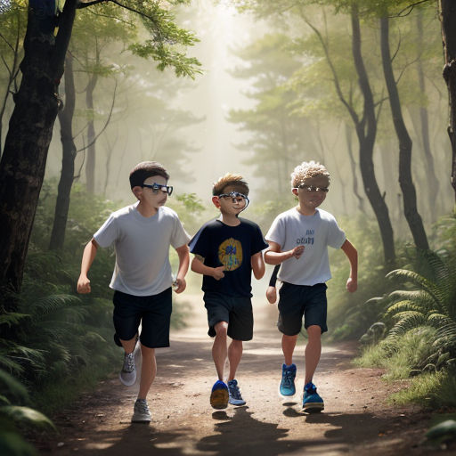 three boys are running down a path in the woods together, with the sun shining through the trees behind them