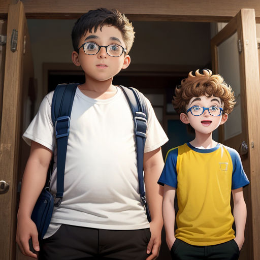 a boy and a boy with glasses standing in a doorway with a backpack on their shoulders and a boy with a backpack on his shoulder