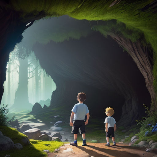 a boy and a boy standing in a cave looking at a stream and trees in the distance with a man standing in the middle of the cave