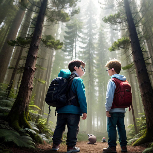 two boys standing in the woods looking at a bird in the distance with a backpack on their back and a backpack on their shoulder