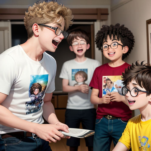 a group of young boys standing next to each other in a room with a book on the table and a book in front of them