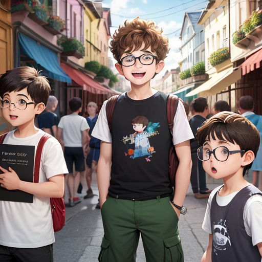 a group of young boys standing next to each other on a street with a book in his hands and a book in his other hand