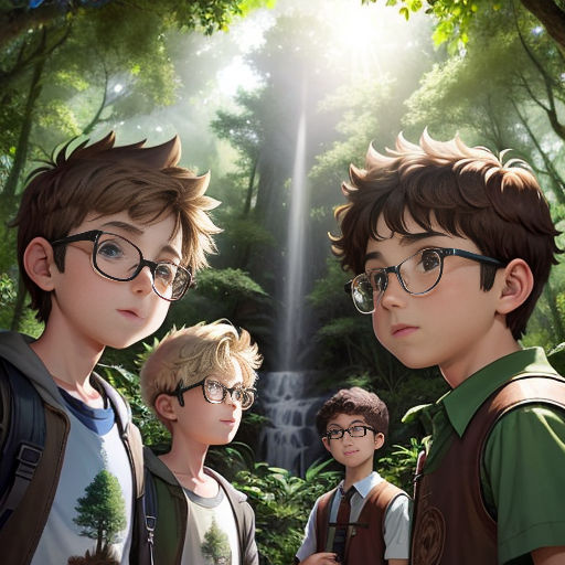 a group of young boys standing next to each other in front of a waterfall with a waterfall in the background