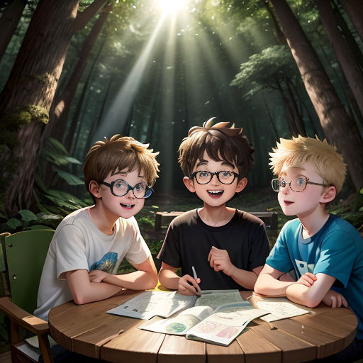 three children sitting at a table with a book and pencil in front of them, with the sun shining through the trees