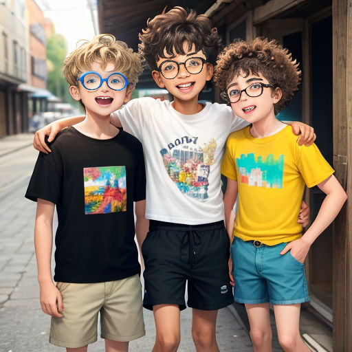 three young boys standing next to each other on a sidewalk with their arms around each other and smiling at the camera
