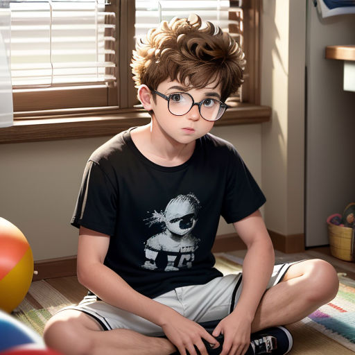 a boy with glasses sitting on the floor in front of a window with a ball and a ball in the background