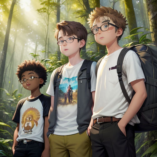 three boys standing in the woods with a backpack on their shoulders and a backpack on their shoulder, both wearing glasses