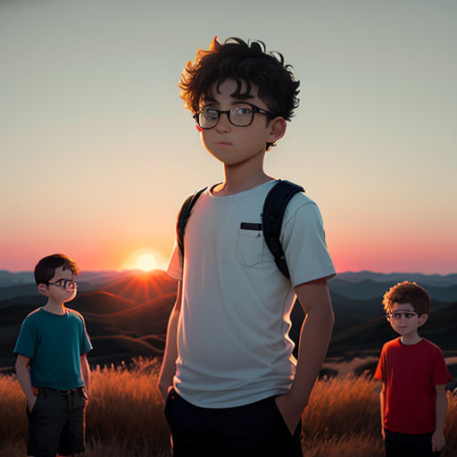 a group of young men standing next to each other on a field at sunset with the sun setting behind them