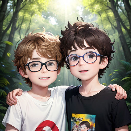 two children with glasses standing in front of a forest background with trees and leaves on it, one of them is wearing a t - shirt that says
