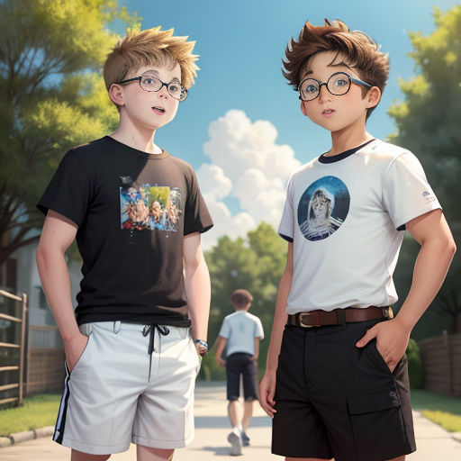 two boys standing on a sidewalk with their hands on their hipss and one boy with glasses on his head