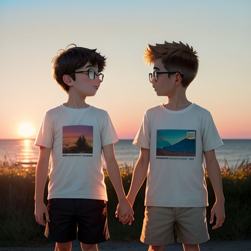 two boys standing next to each other holding hands and looking at the ocean at sunset with the sun setting