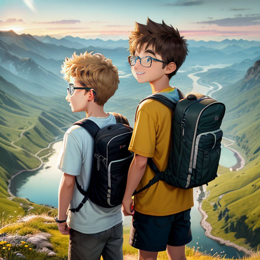 two boys with backpacks looking at a valley and mountains from a hill top with a river in the distance