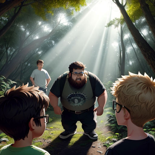 a group of people standing in a forest with a man with a beard and glasses on, and a man with a beard and glasses on