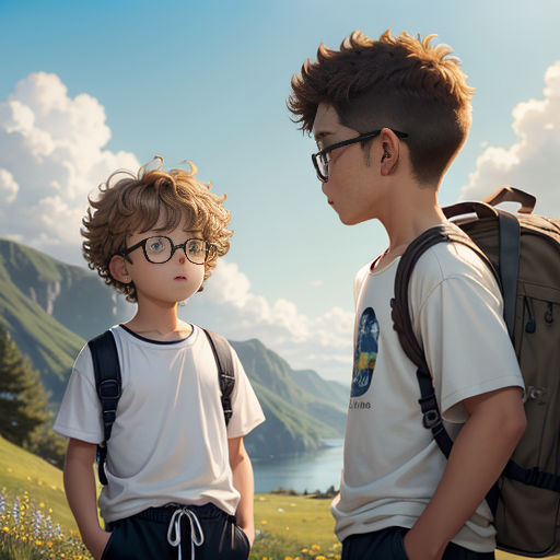 two boys with backpacks standing in a field of flowers looking at each other with a lake in the background