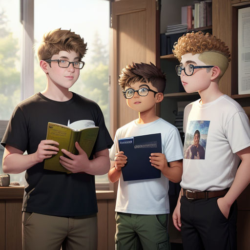 three boys standing in a kitchen holding books and looking at the camera while wearing glasses and reading a book