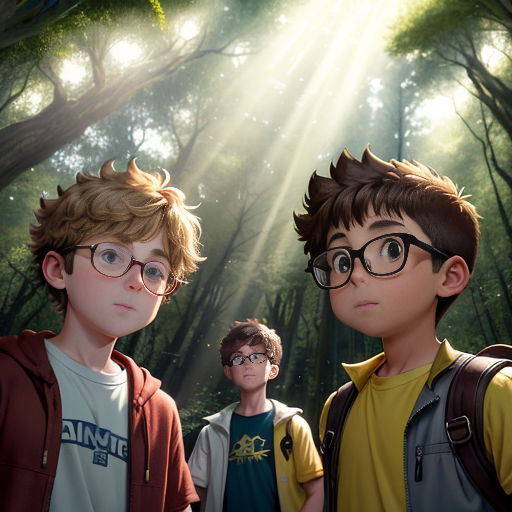 a group of young boys standing in front of a forest with sunlight streaming through the trees and leaves on the ground