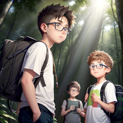 a boy and a boy with glasses are standing in the woods with a backpack on their shoulders and a boy with a backpack on his shoulder