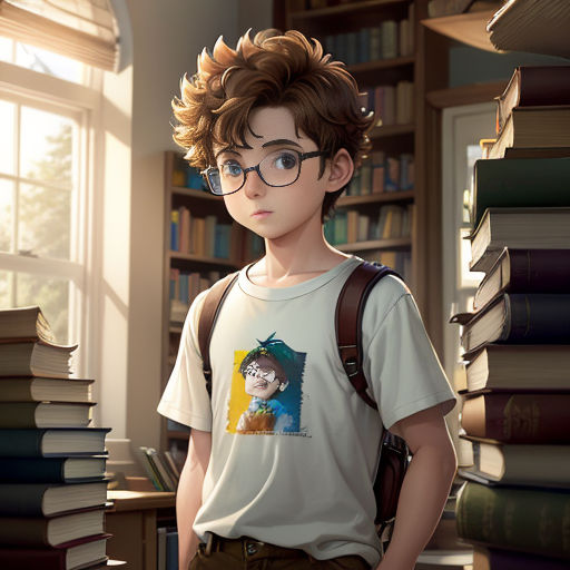 a boy with glasses standing in front of a book shelf with books on it and a backpack on his shoulder