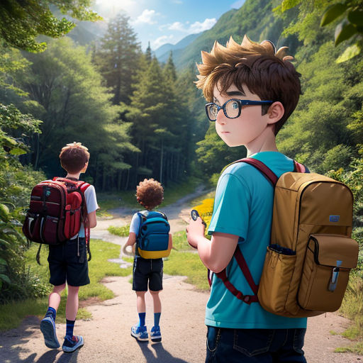a boy with a backpack and a boy with a backpack looking at a cell phone on a path in the woods