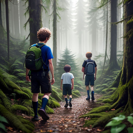 a group of people walking through a forest filled with trees and ferns on a foggy day with backpacks