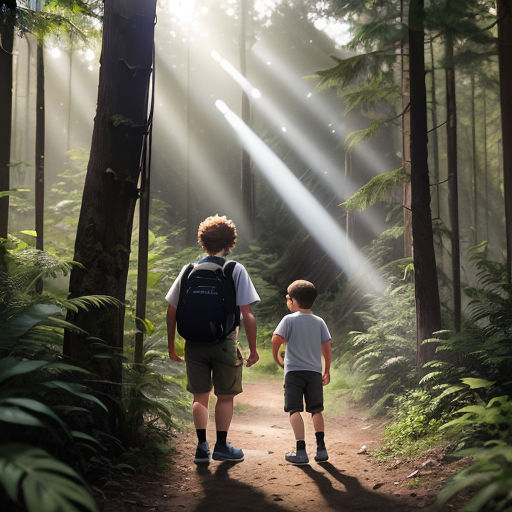 a father and son walking in the woods holding hands and looking at the sun beams coming through the trees