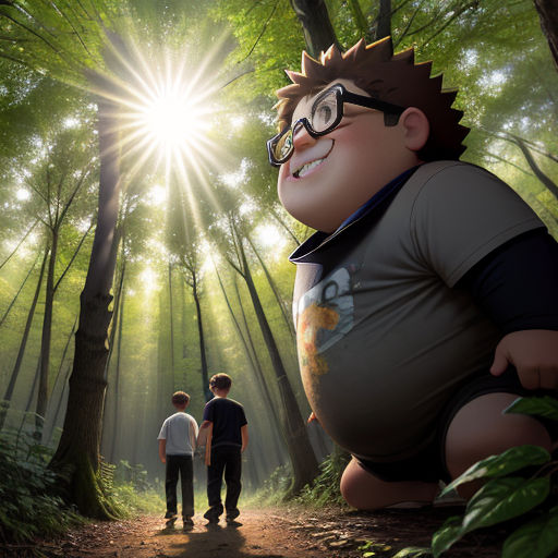 a cartoon character is standing in the middle of a forest with a man standing next to him and another man standing next to him