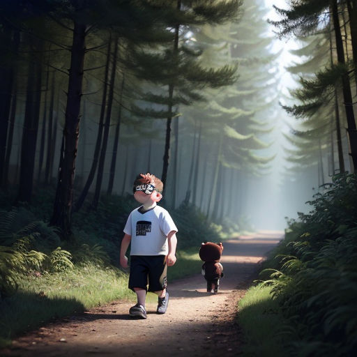 a boy and a dog walking down a path in the woods together, with the dog looking on from the opposite direction