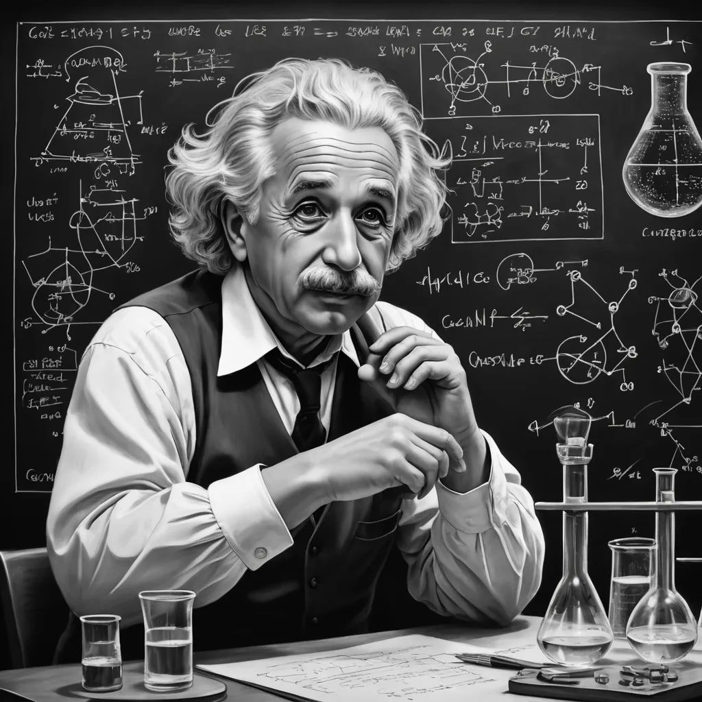 a man sitting at a table with a beakle and a beakle in front of him and a blackboard with diagrams behind him, analytical art, an ultrafine detailed painting, Albert Kotin, cgstudio