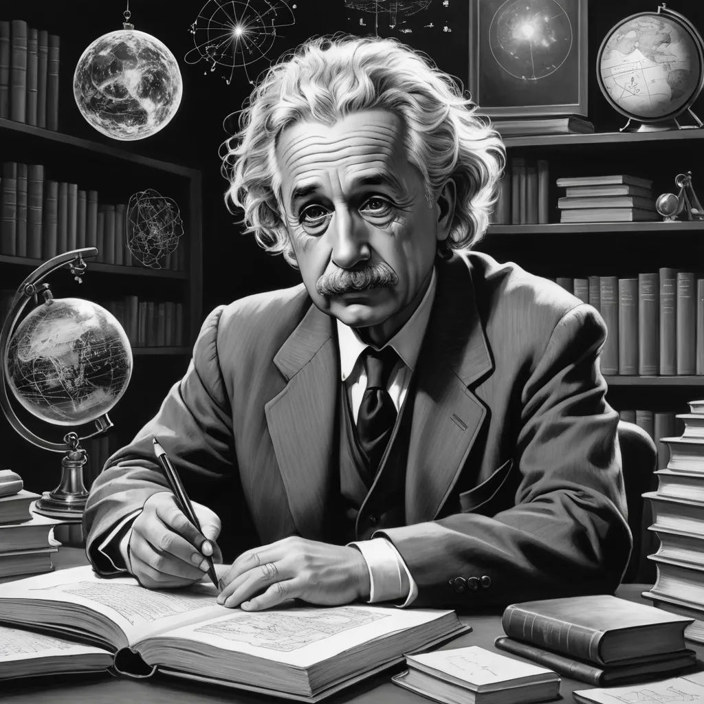 a man sitting at a desk with a book and pen in his hand and a globe above him, and a book on the desk, analytical art, an ultrafine detailed painting, Albert Kotin, highly detailed digital painting