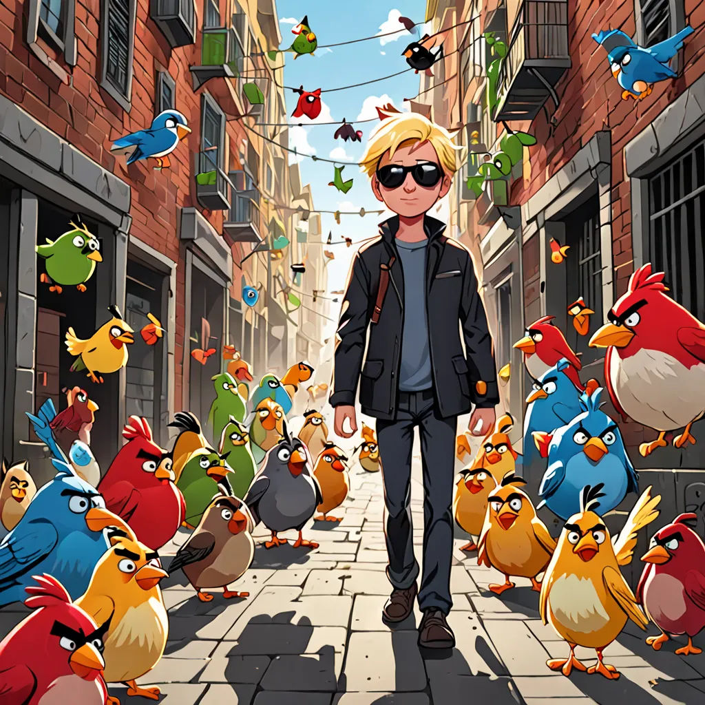 a man standing in front of a bunch of birds on a street with a sky background of birds flying, lyco art, a character portrait, Chris LaBrooy, 2 d game art
