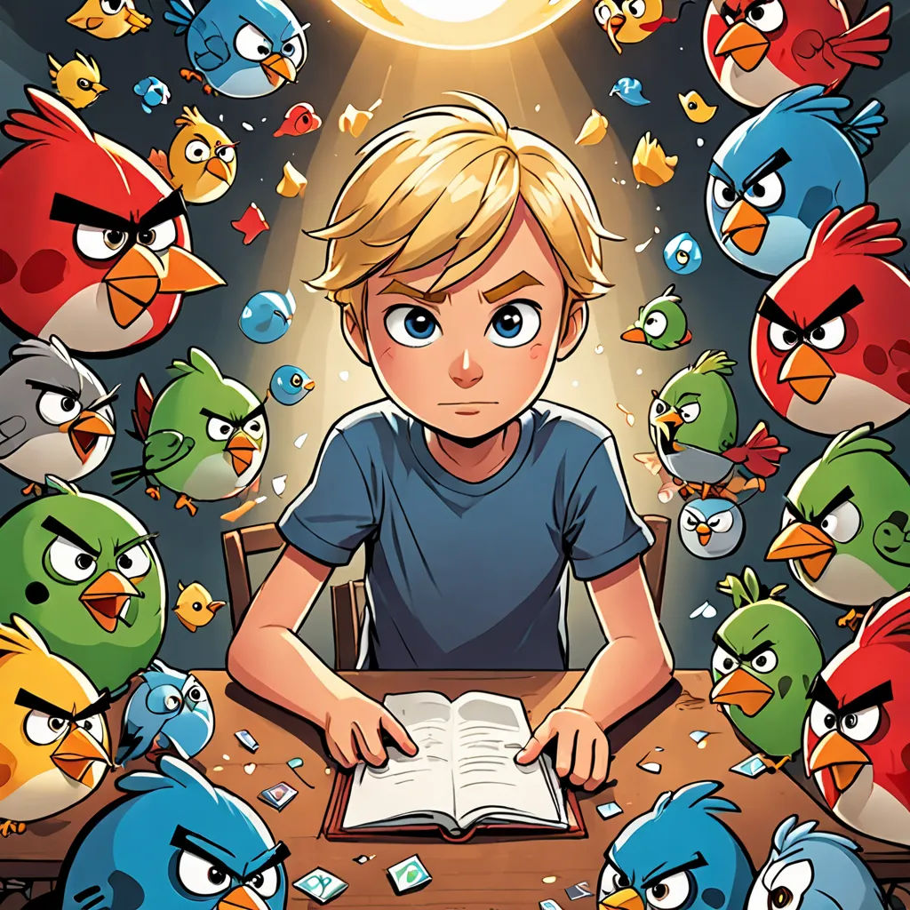 a boy sitting at a table with a book in front of a bunch of angry birds around him and a full moon, lyco art, a storybook illustration, Diego Gisbert Llorens, comic cover art