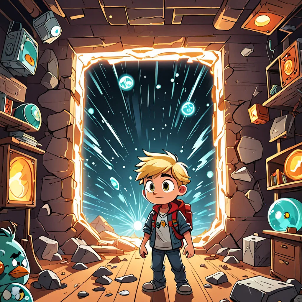 a boy standing in a room with a door open and a bunch of objects around him on the floor, sots art, concept art, Dan Mumford, 2 d game art