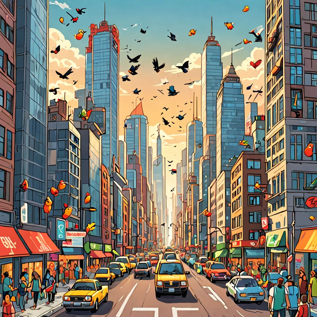 a painting of a city street with birds flying over the buildings and people walking on the sidewalk and cars on the street, american scene painting, a comic book panel, Dan Mumford, josan gonzales and dan mumford