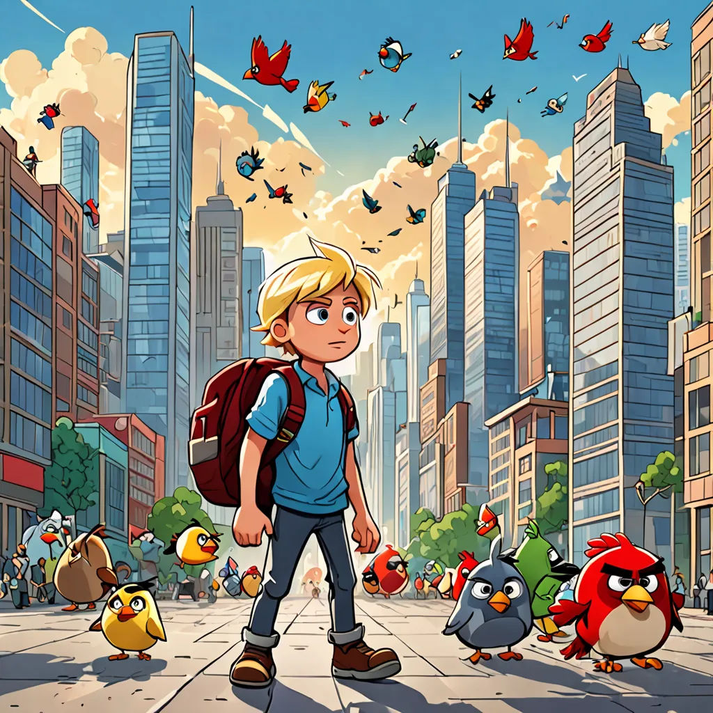 a boy with a backpack is walking through a city with birds flying around him and a bird flying above him, lyco art, a storybook illustration, Chris LaBrooy, 2 d game art