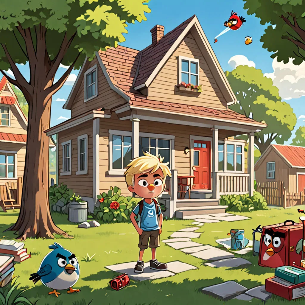 a boy standing in front of a house with a bird nearby and a bird flying in the air above, american scene painting, a storybook illustration, Chris LaBrooy, storybook illustration
