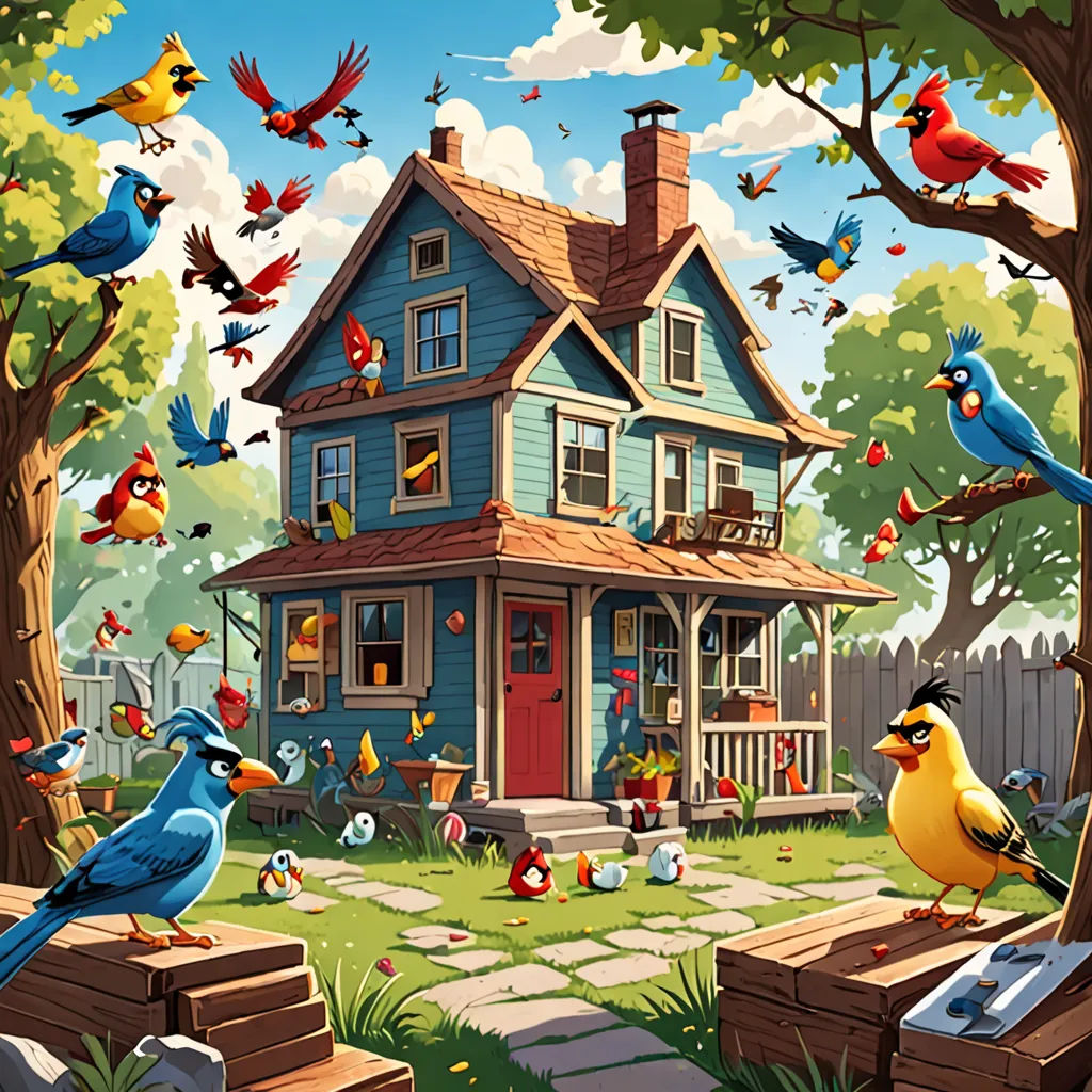 a painting of a house with birds flying around it and a bird feeder in front of it and a bird on the ground, american scene painting, a storybook illustration, Chris LaBrooy, highly detailed digital painting