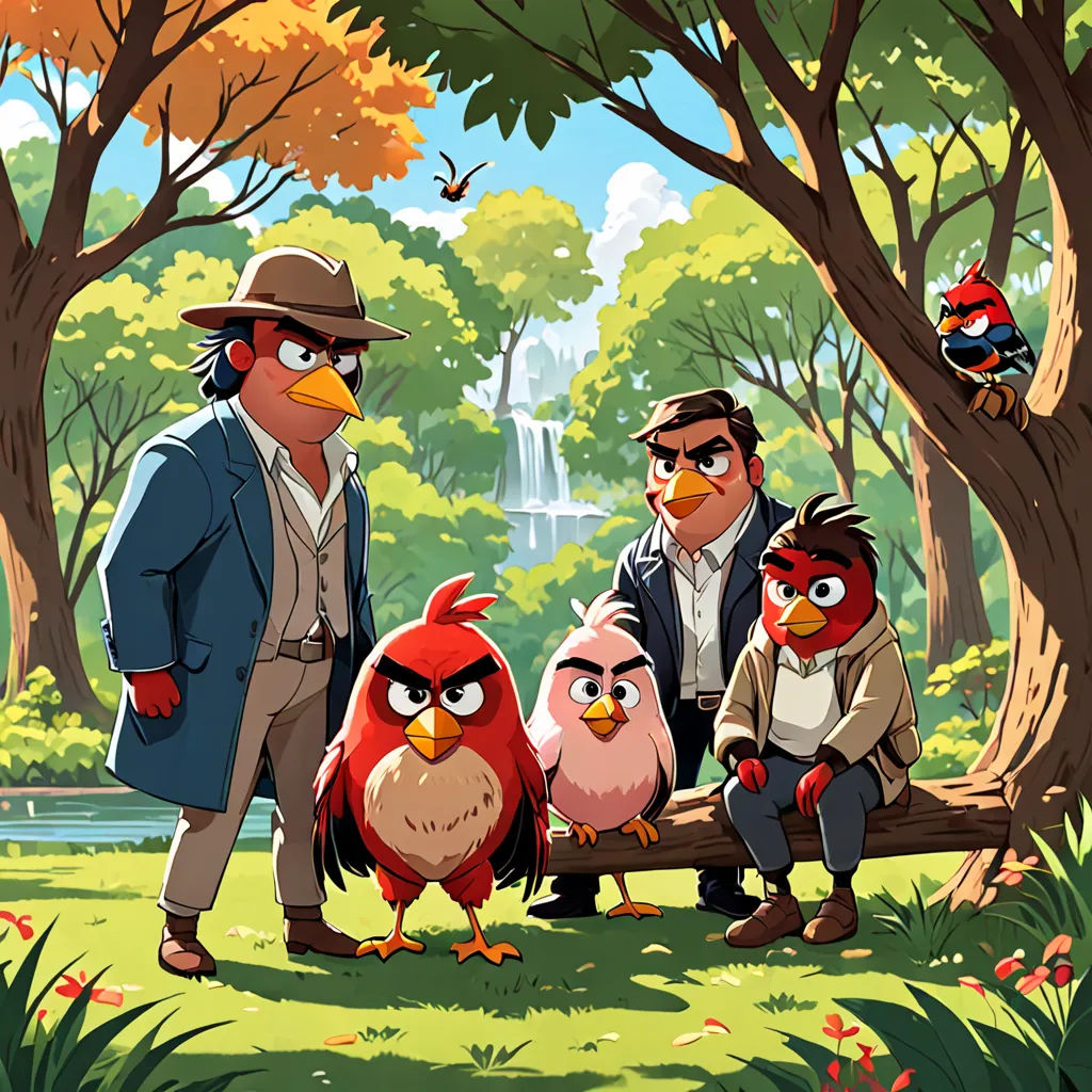 a group of people standing next to each other in a forest with birds on a log and a waterfall in the background, lyco art, poster art, Diego Gisbert Llorens, key art