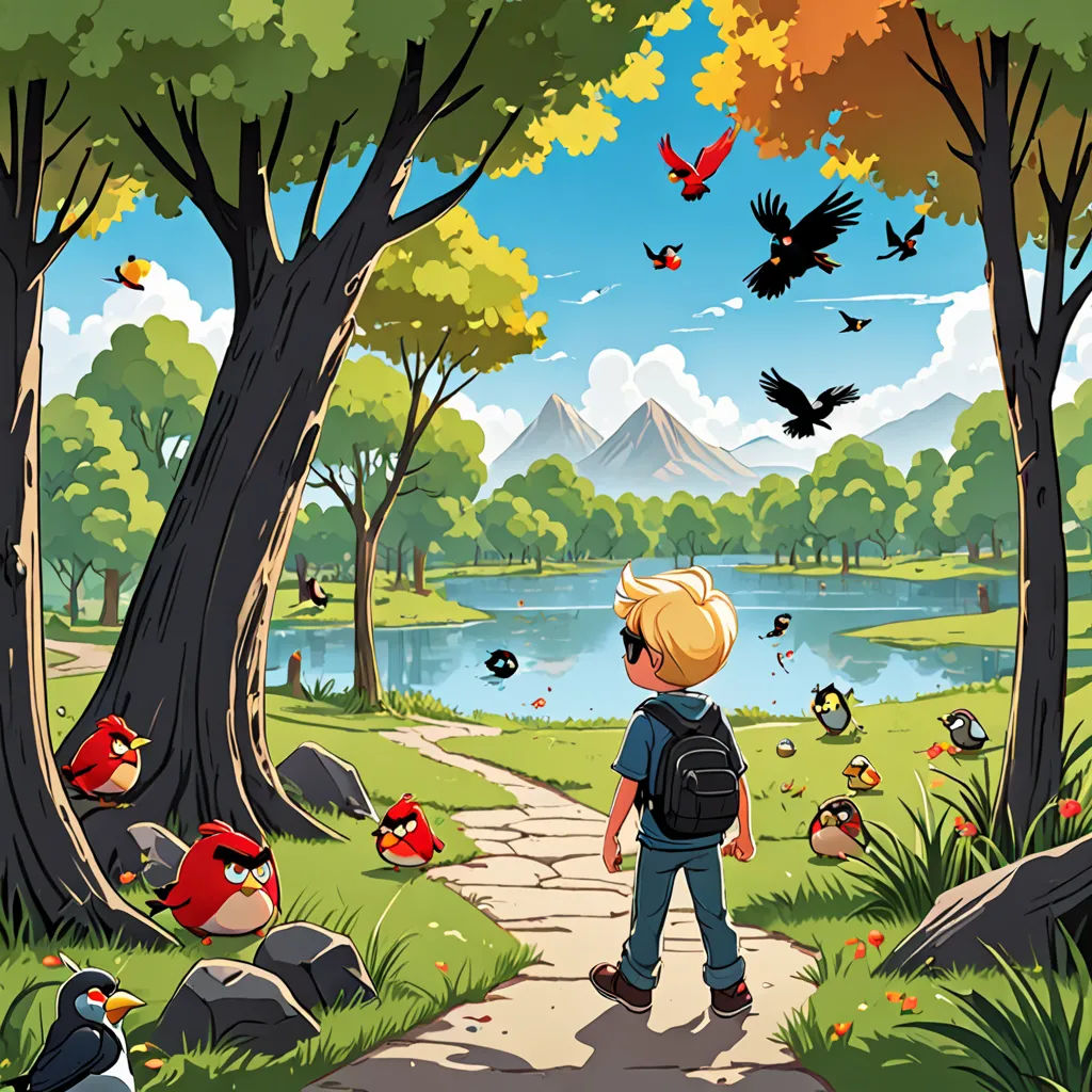 a boy is walking down a path in the park with birds flying around him and a lake in the background, environmental art, a storybook illustration, Chris LaBrooy, birds