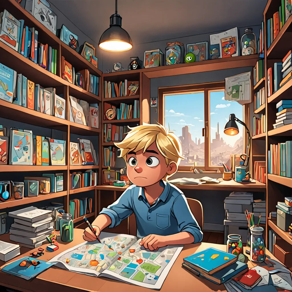 a boy sitting at a table in a library with a map and books on the shelves behind him and a lamp above him, fantasy art, a storybook illustration, Diego Gisbert Llorens, storybook illustration