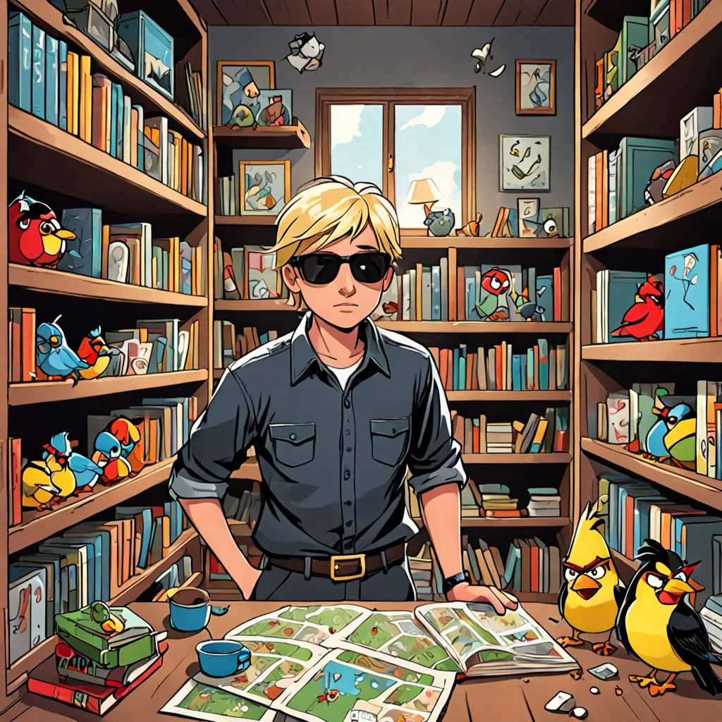 a man standing in front of a book shelf filled with books and birds in a library filled with books, context art, a comic book panel, Chris LaBrooy, comic cover art