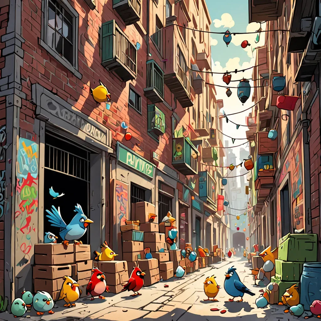 a cartoon of a street with many birds in it and a bunch of boxes on the ground in front of a building, context art, graffiti art, Chris LaBrooy, rossdraws global illumination