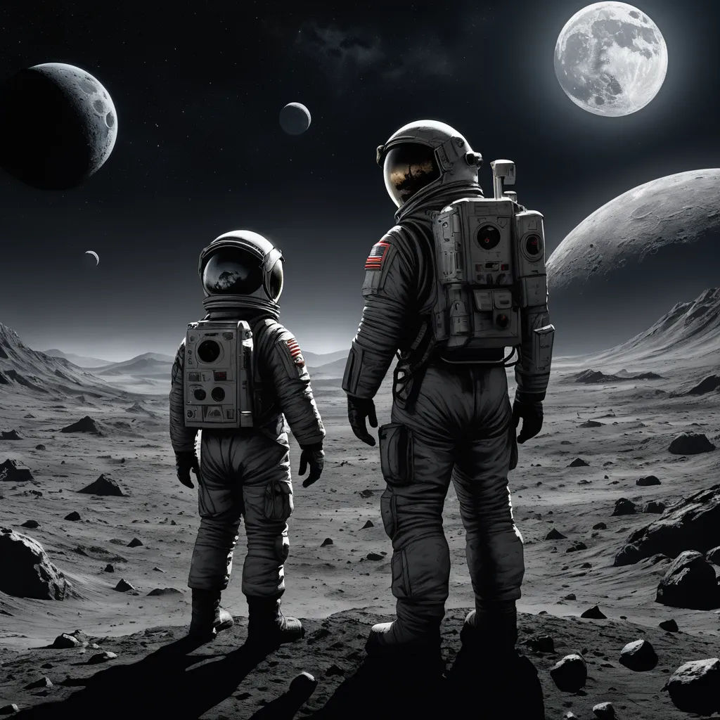 two astronauts standing on the surface of the moon with a view of the earth in the background, with the moon in the distance, space art, a detailed matte painting, David A. Hardy, space