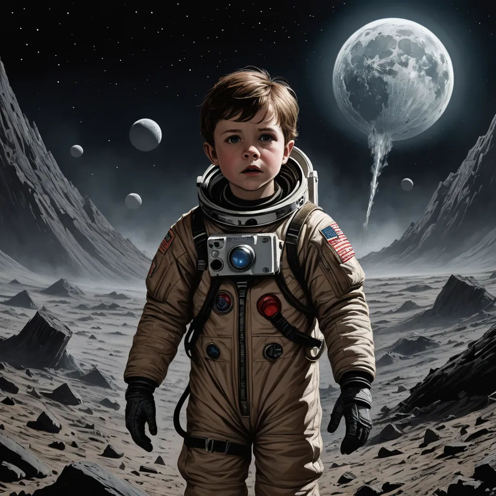 a young boy in a space suit standing on a rocky surface with planets in the background and a camera in his hand, space art, a detailed matte painting, Aaron Jasinski, highly detailed digital painting