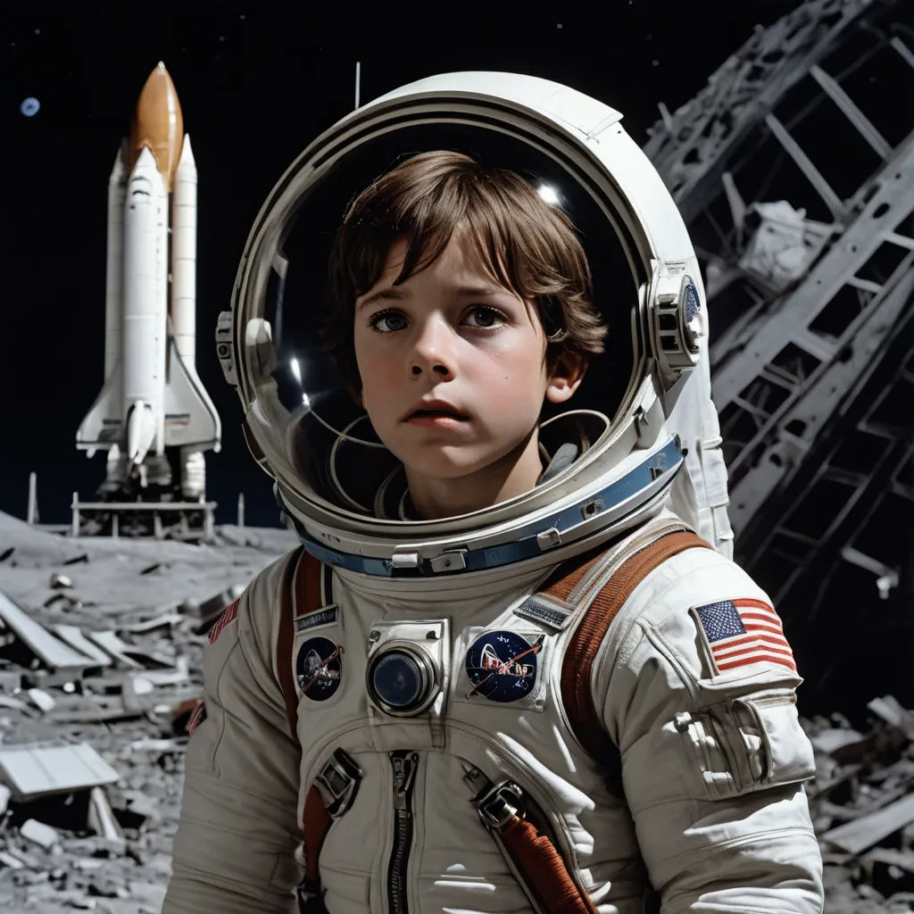 a young boy in a space suit standing in front of a rocket on the moon with a space shuttle in the background, space art, a detailed matte painting, Barclay Shaw, vfx