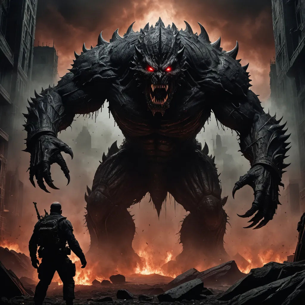a demonic monster with red eyes standing in a city street with a man in front of it and a huge demon in the background, sots art, concept art, Daryush Shokof, cryengine