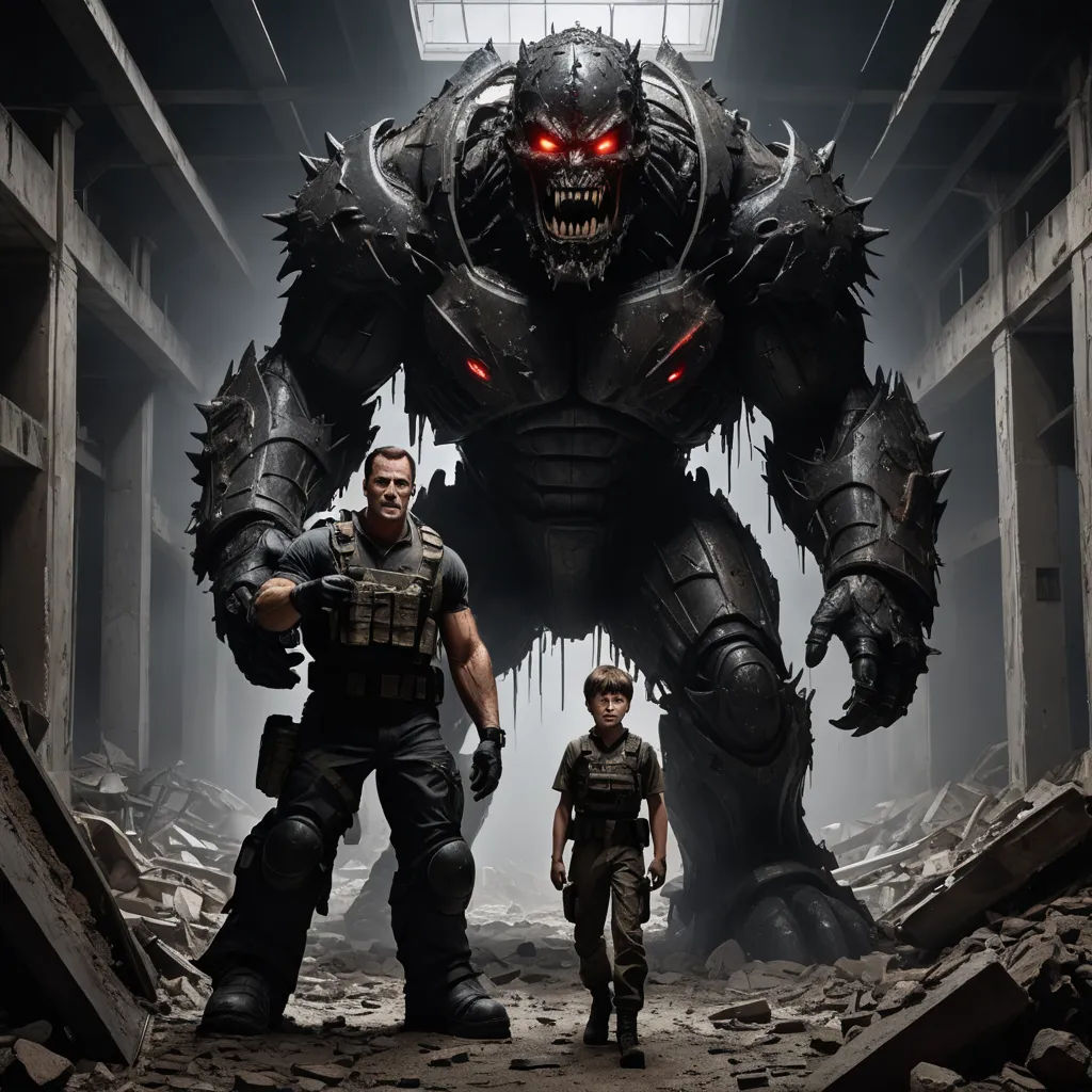 a group of men standing next to each other in front of a giant robot with red eyes and a giant head, sots art, concept art, Eddie Mendoza, unreal engine render
