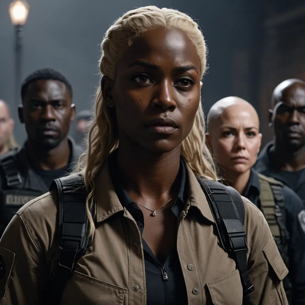 a woman in a brown shirt and some men in black shirts and a light pole and a street lamp, antipodeans, a poster, Chinwe Chukwuogo-Roy, promotional image