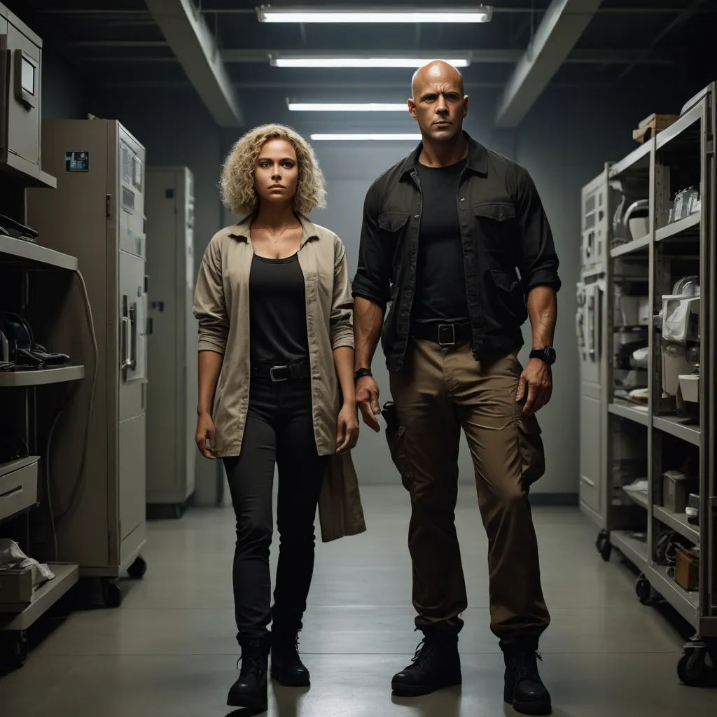 a man and a woman standing in a room with shelves of files and files on the floor and a man in a black shirt and tan jacket, private press, poster art, Avgust Černigoj, promotional image